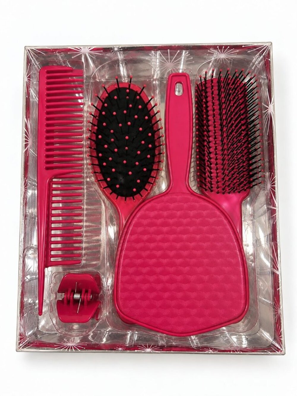 6-Piece Magenta Hair Styling Set Brushes Mirror Combs & Hair Clip - READ DESCRIP